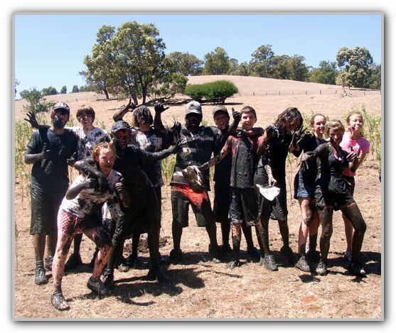 TK 4th from right with muddy friends on camp